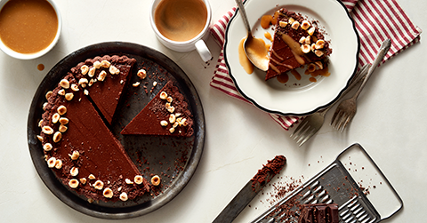 Dark chocolate and ricotta tart with salted butterscotch sauce